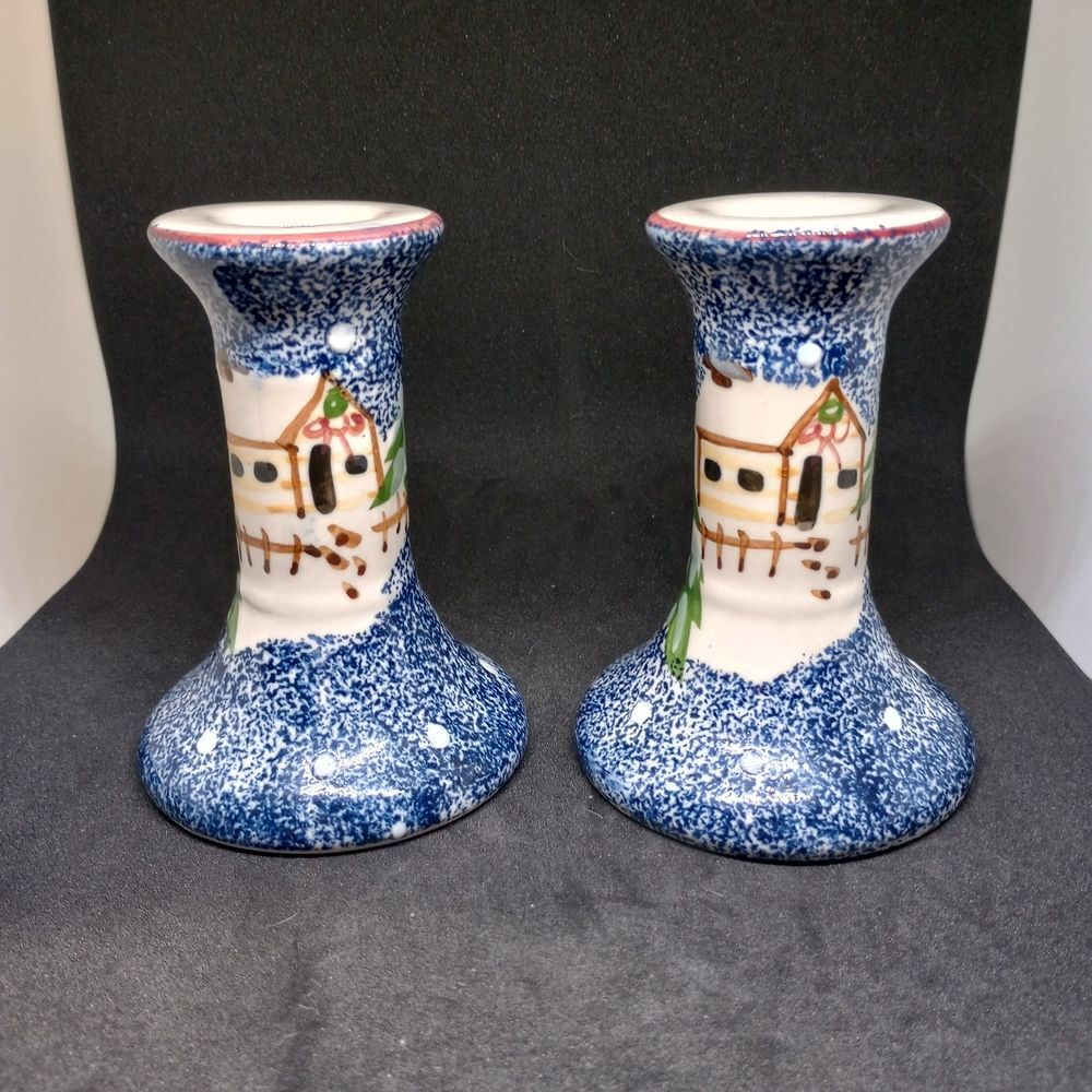 Vintage Blue and White Ceramic Candle Holders